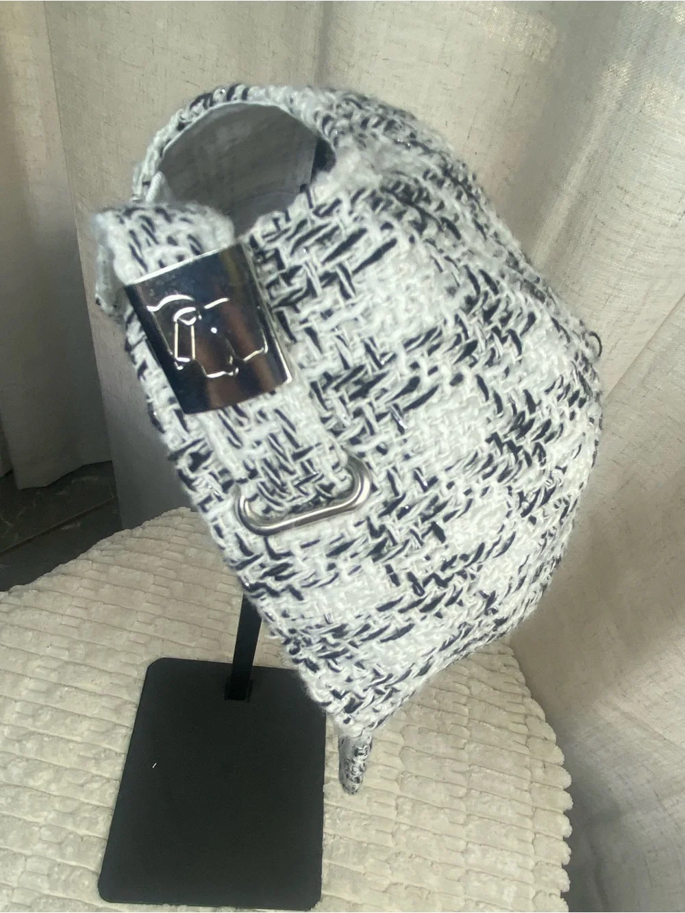 Karl Lagerfeld Paris Tweed Baseball Cap K/Signature Boucle Hat White Black